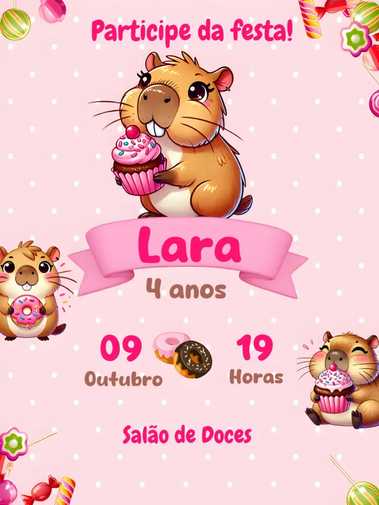 Convite Capivara Donuts – tema Aniversário Infantil rosa, divertido, infantil, colorido, doce, temático