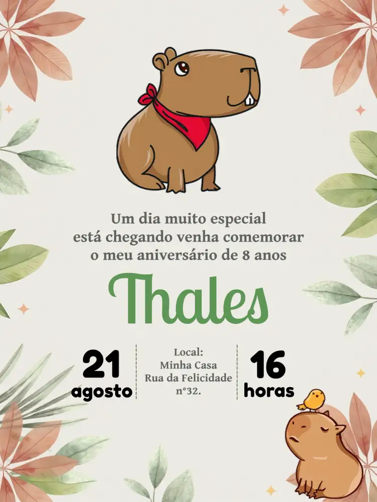 Convite Capivara Menino – tema Aniversário Infantil verde, marrom, tropical, animais, divertido, infantil