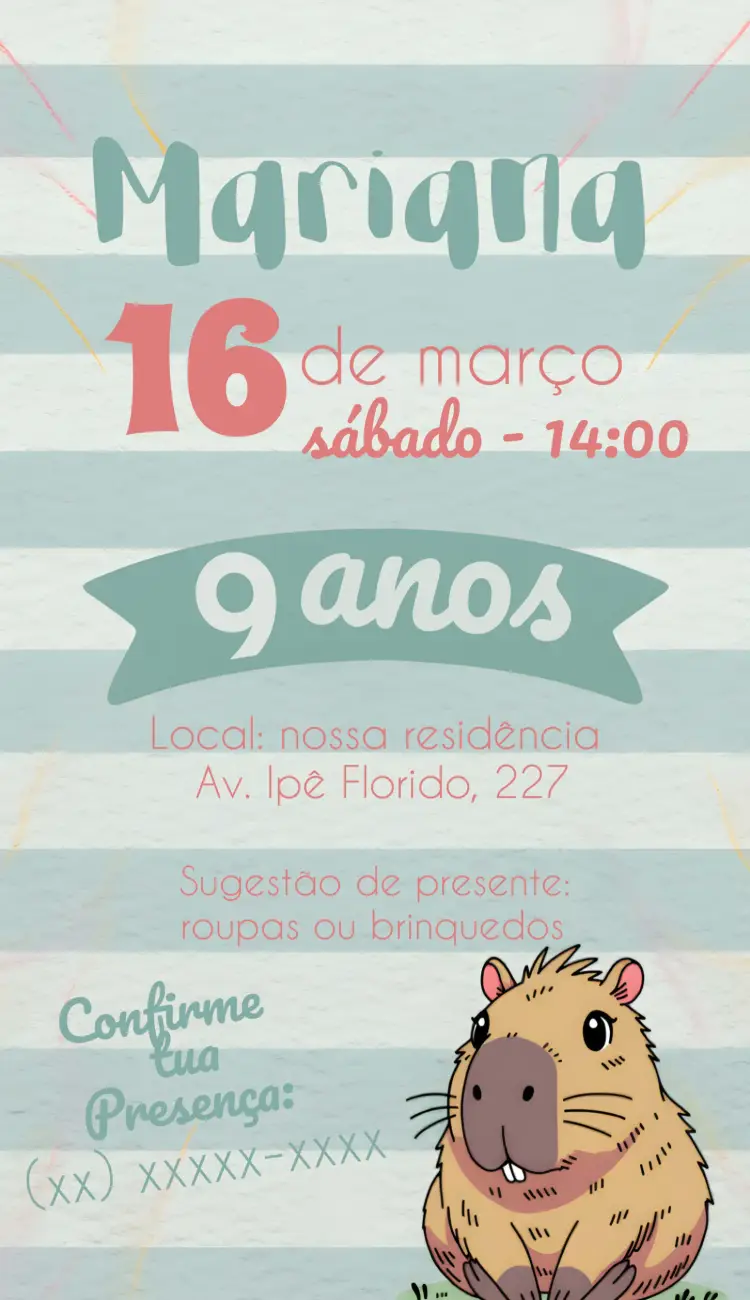 Convite Capivara Menina