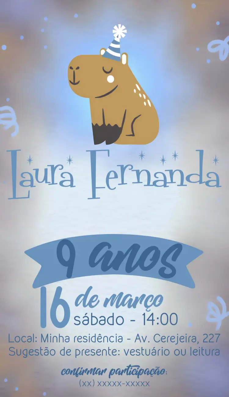 Convite Capivara Menina – tema Aniversário Infantil animais, infantil, divertido, azul claro, lúdico, natureza