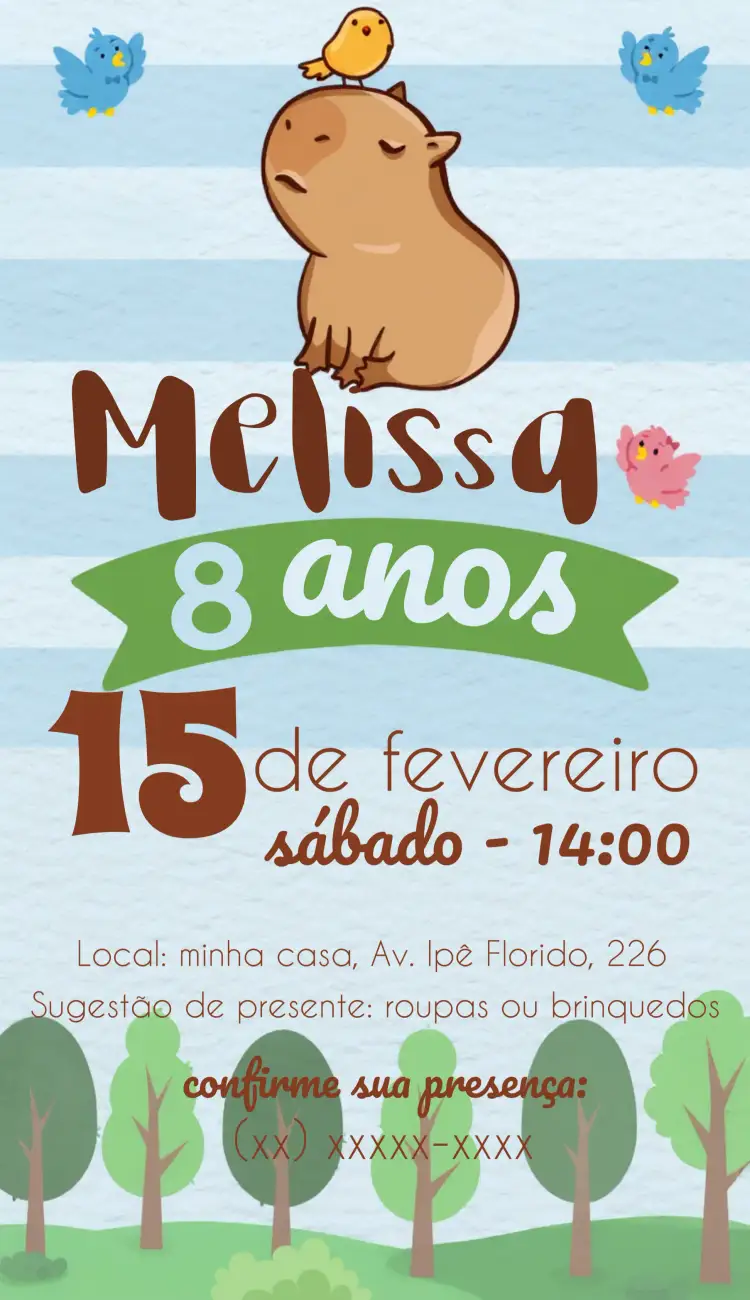 Convite Capivara Menina – tema Aniversário Infantil colorido, divertido, infantil, natureza, ilustração, alegre