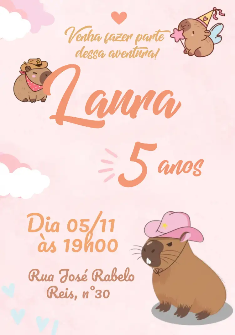 Convite Capivara Capívara – tema Aniversário Infantil rosa, lúdico, divertido, colorido, infantil, natureza