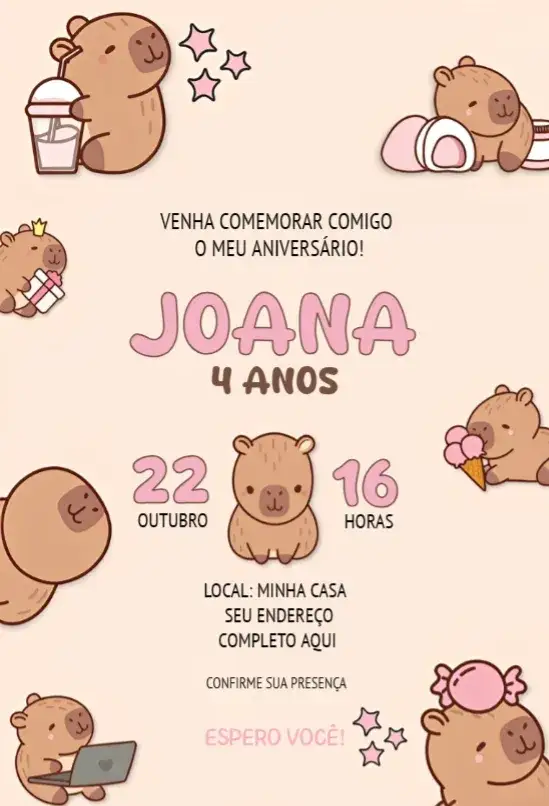 Convite Capivara menina 2 – tema Aniversário colorido, lúdico, divertido, infantil, natural, vibrante
