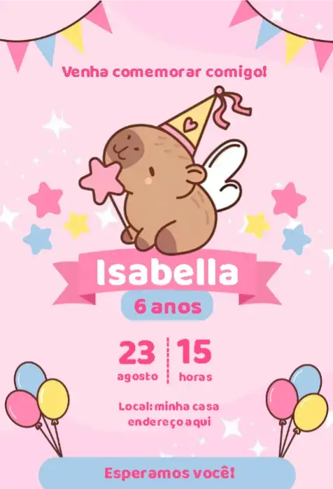 Convite Capivara Menina Rosa