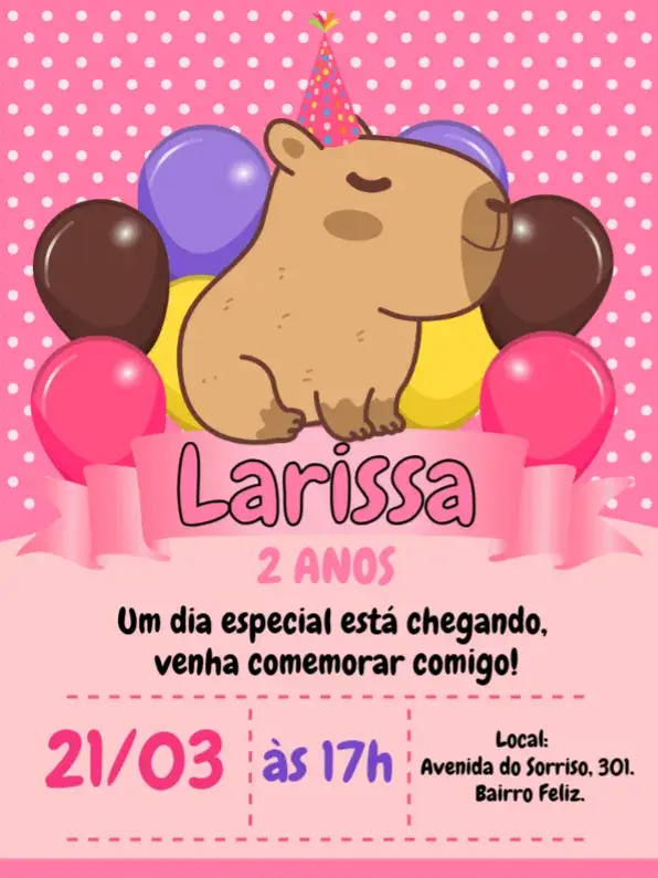 Convite Capivara Rosa Menina Capibara