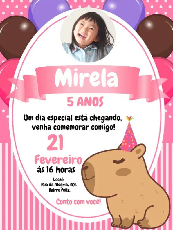 Convite Capivara Rosa Menina Com Foto Capivarinha – tema Aniversário Infantil rosado, divertido, infantil, colorido, animais, natureza