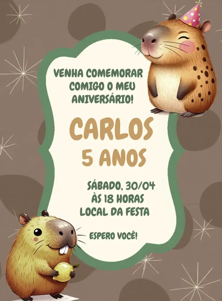 Convite Capivaras Menino – tema Aniversário Infantil divertido, colorido, animais, natureza, infantil, moderno