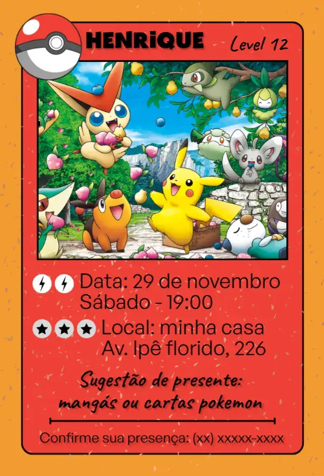 Convite Card Pokemon – tema 15 anos colorido, divertido, anime, jovial, temático