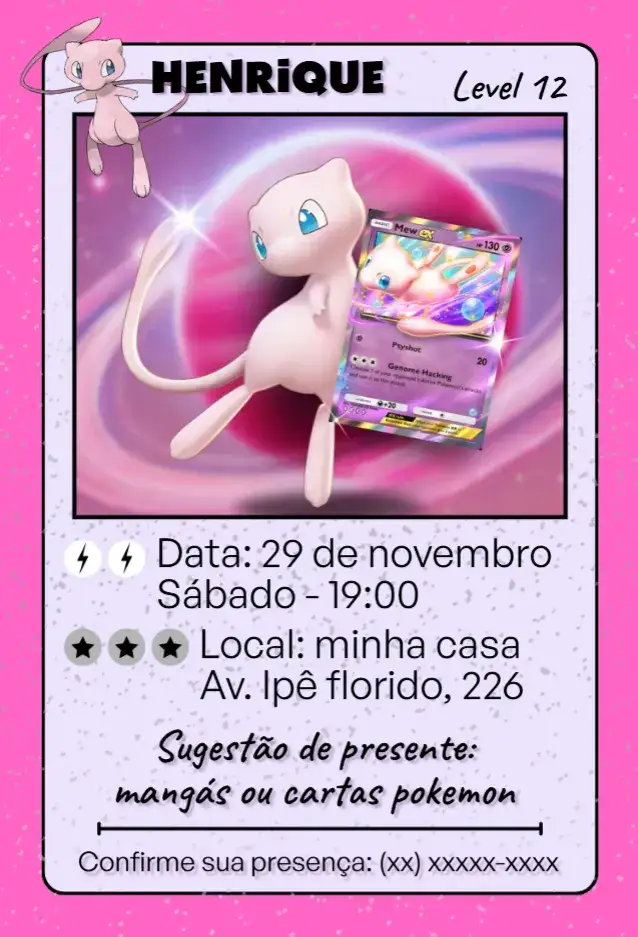 Convite Card Pokemon Mew ex – tema Aniversário Infantil colorido, divertido, temático, moderno, infantil