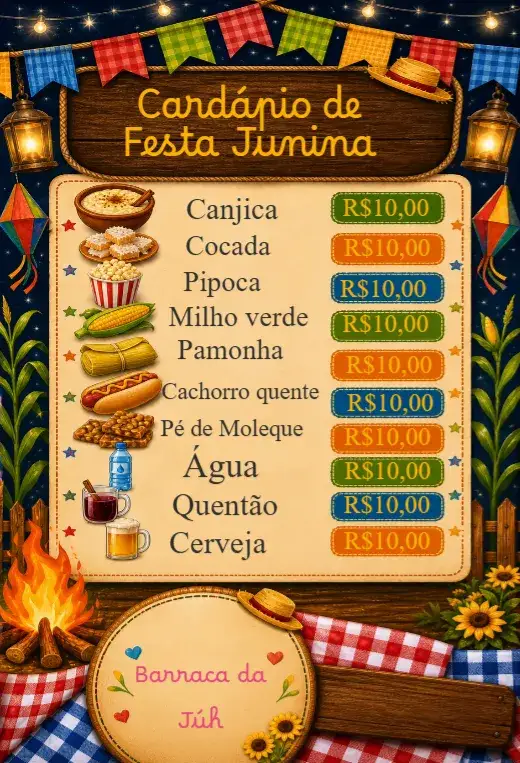 Invitación Menú de Fiesta Junina – tema Fechas Conmemorativas colorido, rústico, vintage, típico, alegre, festivo