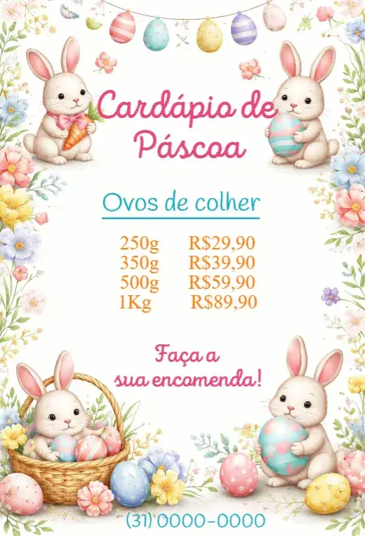 Convite Cardápio de Páscoa – tema Datas Comemorativas colorido, floral, vintage, minimalista, pastel, temático