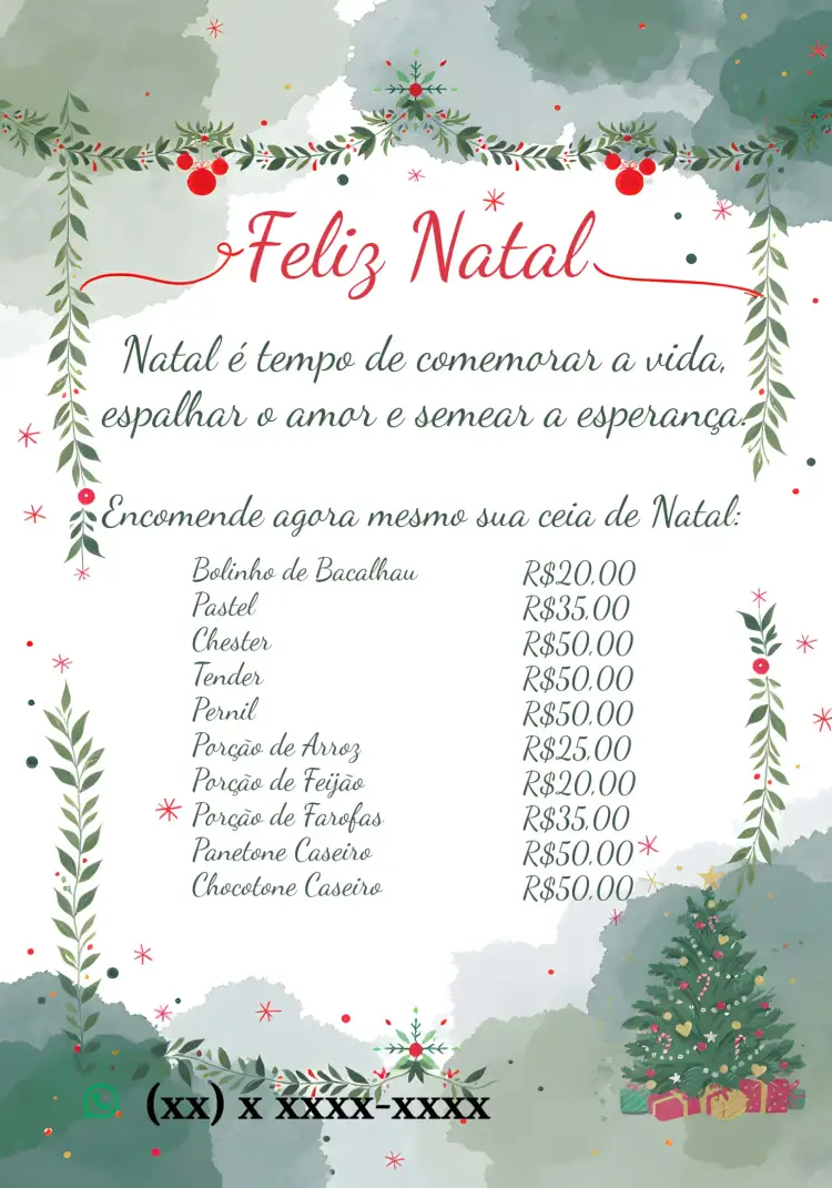 Convite Cardápio Especial De Natal Arte – tema Datas Comemorativas dourado, vermelho, verde, minimalista, festivo, ilustrações natalinas