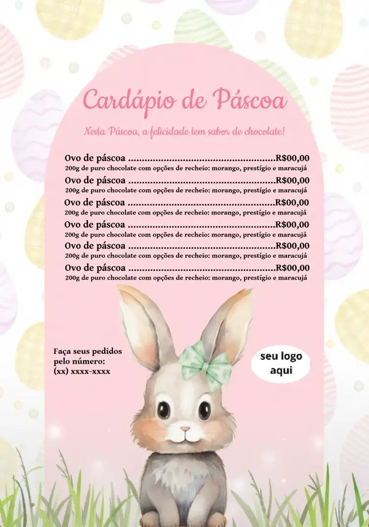 Convite Cardápio Ovos De Páscoa Coelho Rosa – tema Datas Comemorativas coelho, ovos de Páscoa, rosa, verde, festivo, divertido
