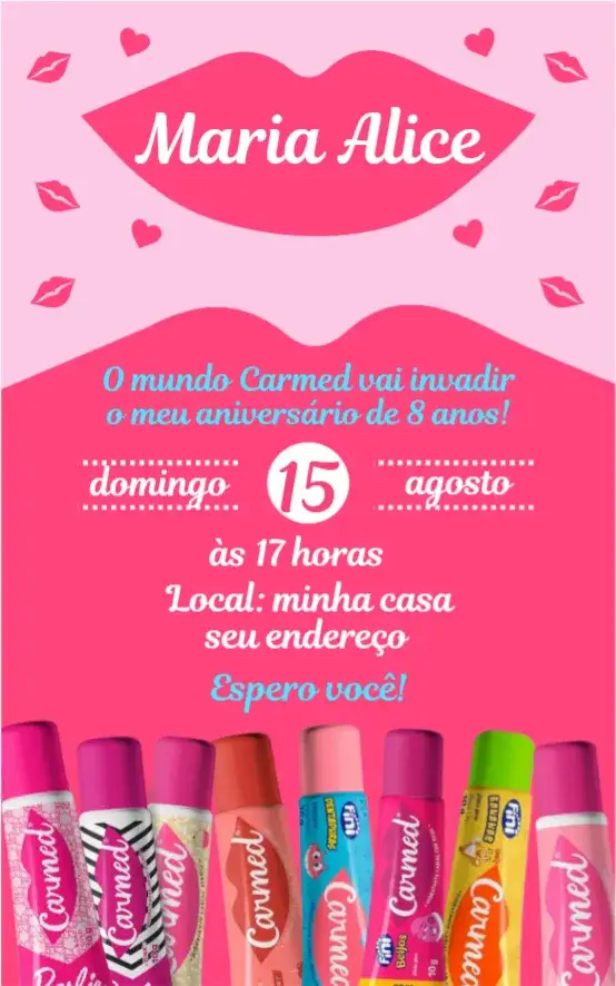Convite Carmed 2 – tema Aniversário rosa, divertido, infantil, lúdico, colorido, alegre