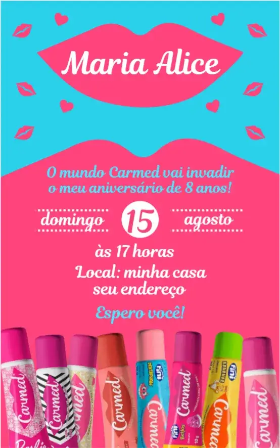 Convite Carmed 4 – tema Aniversário cosméticos, lábios, infantil