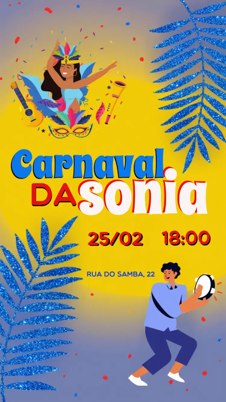 Convite Carnaval Azul – tema Datas Comemorativas carnaval, colorido, divertido, jovial, brincalhão