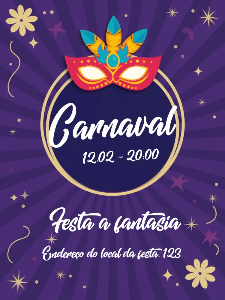 Convite Carnaval Baile – tema Datas Comemorativas roxo vibrante, máscaras, confete colorido, samba, festivo, divertido