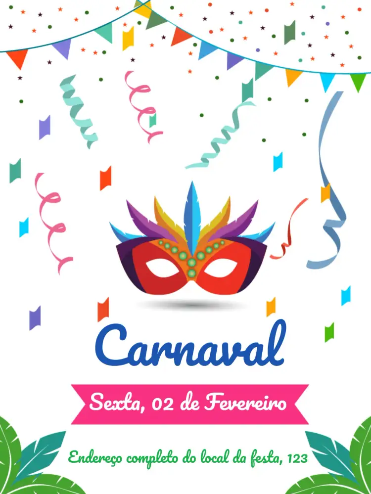 Convite Carnaval Baile – tema Datas Comemorativas colorido, festivo, alegre, vibrante, branco e colorido, temática de carnaval