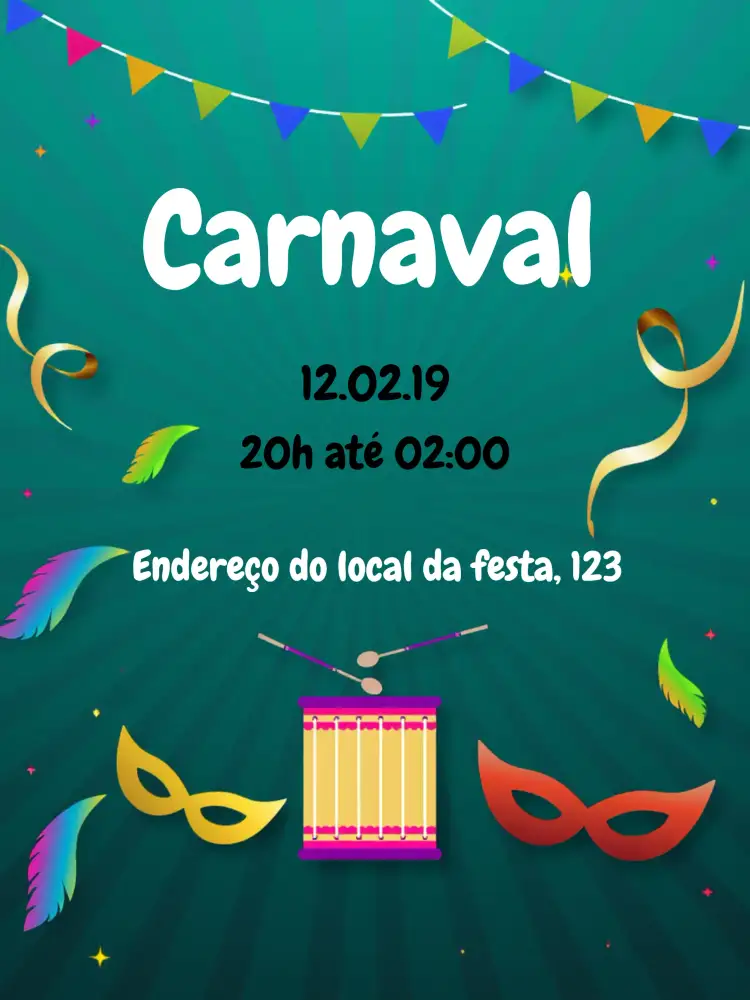 Convite Carnaval Baile – tema Datas Comemorativas roxo, confeti, samba, máscaras, vibrante, festivo