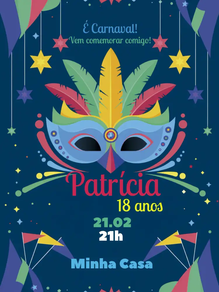 Convite Carnaval Baile De Máscara Máscaras – tema Datas Comemorativas colorido, vibrante, elegante, alegórico, artístico, festivo
