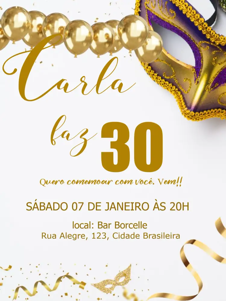 Convite Carnaval Baile De Máscaras Carnaval-carnavalesco-baile-festa – tema Datas Comemorativas dourado, branco, brilho, carnavalesco, elegante, festivo