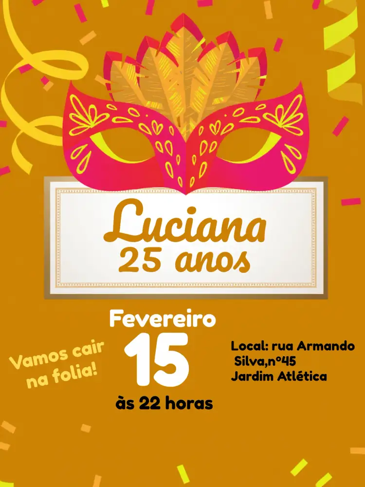Convite Carnaval Bloquinho – tema Datas Comemorativas carnaval, vibrante, festivo, dourado, colorido, moderno