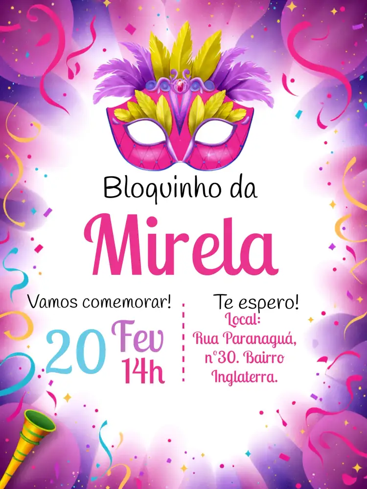 Convite Carnaval Bloquinho Amarelo – tema Datas Comemorativas colorido, divertido, festivo, vibrante, brincalhão