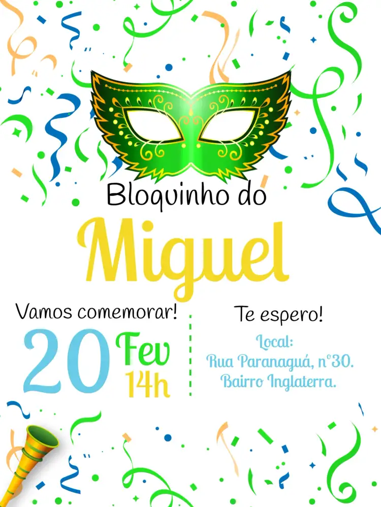 Convite Carnaval Bloquinho Festa – tema Datas Comemorativas colorido, divertido, jovial, festivo, temático