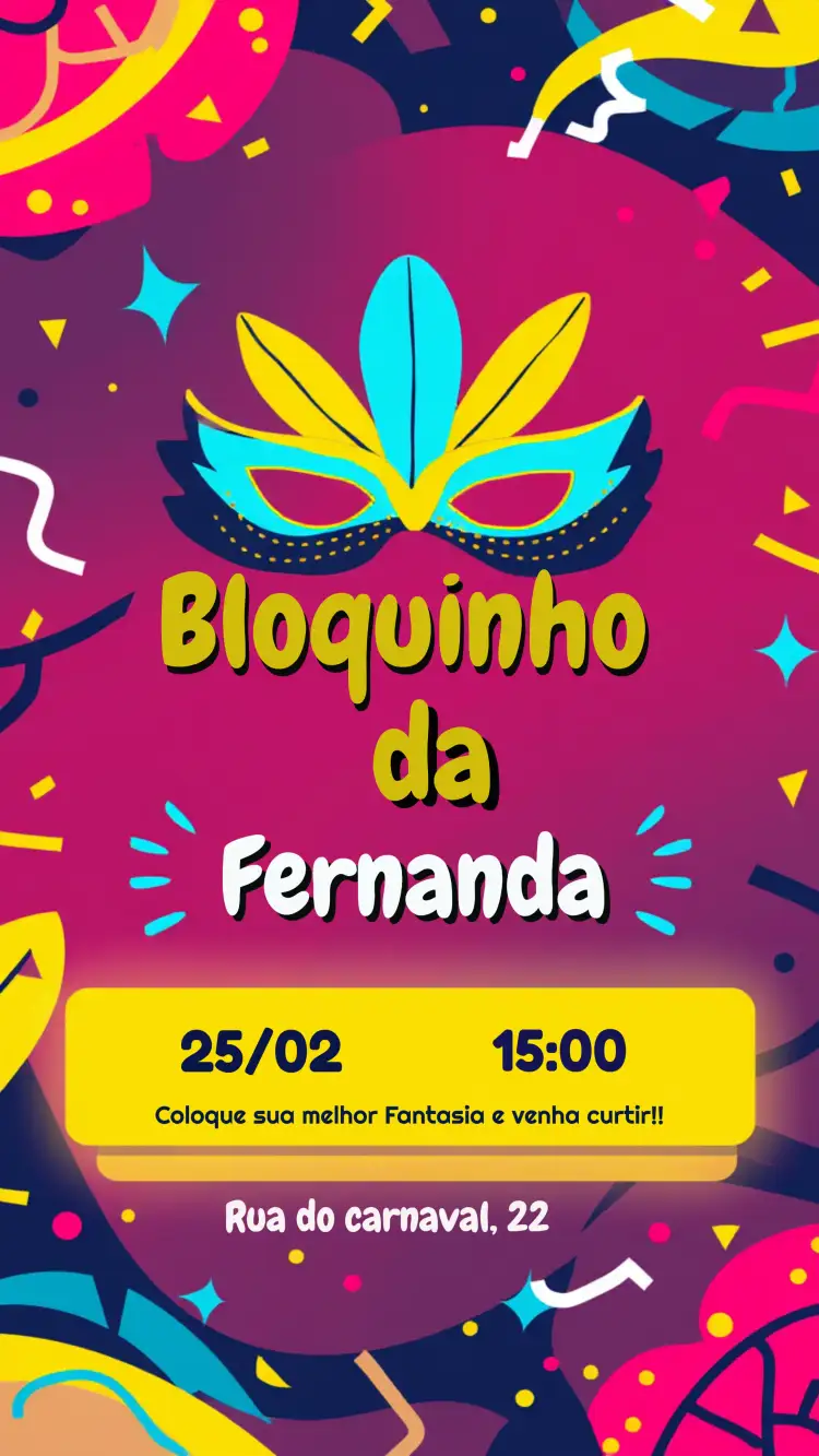Convite Carnaval Bloquinho Rosa – tema Datas Comemorativas carnaval, colorido, divertido, infantil, moderno, alegre