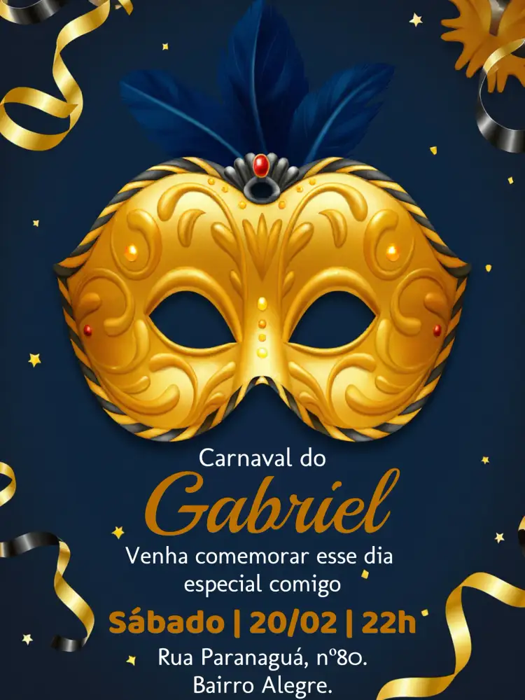 Convite Carnaval Branco – tema Datas Comemorativas dourado, branco, azul, festivo, colorido, temático