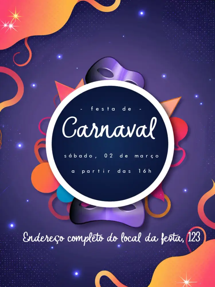 Convite Carnaval Brasileira – tema Datas Comemorativas colorido, vibrante, festivo, tropical, brasileiro, divertido