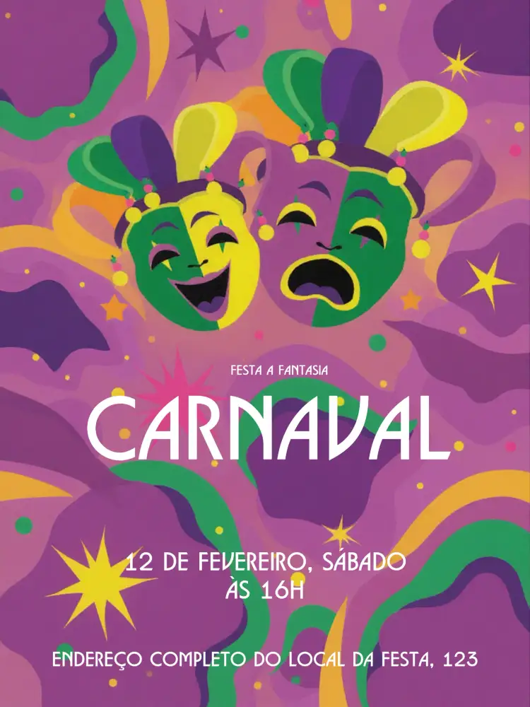 Convite Carnaval Carnavrau – tema Datas Comemorativas colorido, vibrante, temático, divertido, brasileiro, festivo