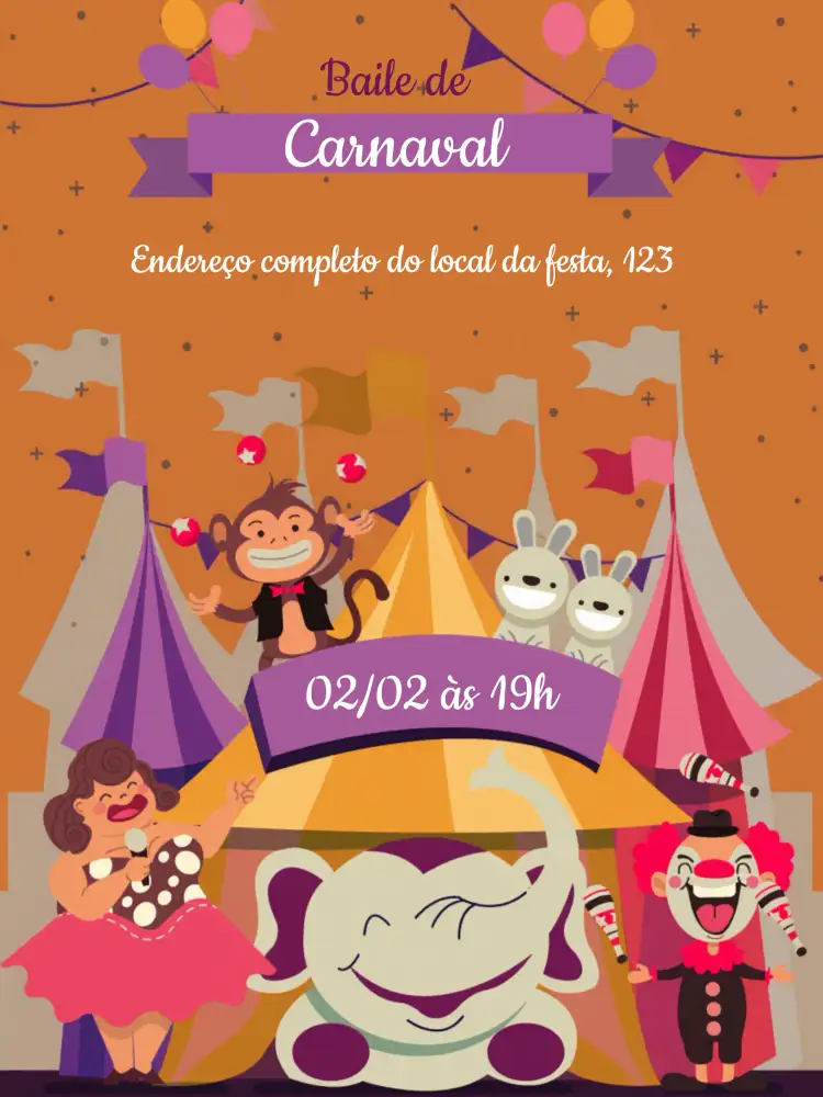 Convite Carnaval Circo Roxo – tema Datas Comemorativas roxo, branco, circense, colorido, festivo, alegre