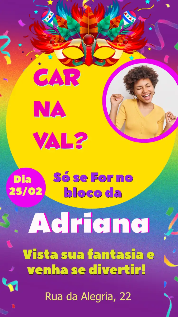 Convite Carnaval Com Foto É – tema Datas Comemorativas colorido, festivo, alegre, vibrante, divertido