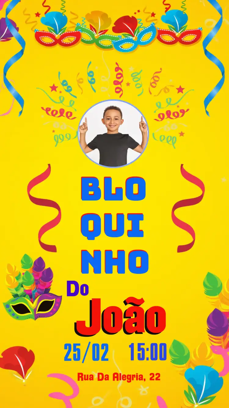 Convite Carnaval Com Foto Filha – tema Datas Comemorativas carnaval, colorido, divertido, festivo, brincalhão