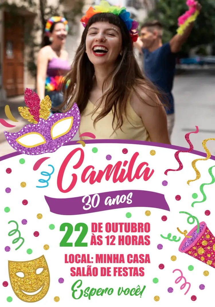 Convite Carnaval Com Foto Máscara – tema Datas Comemorativas colorido, divertido, vibrante, festivo, temático, animação