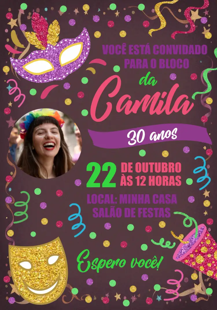 Convite Carnaval Com Foto Serpentina – tema Datas Comemorativas colorido, festivo, vibrante, alegre, gráfico, temático