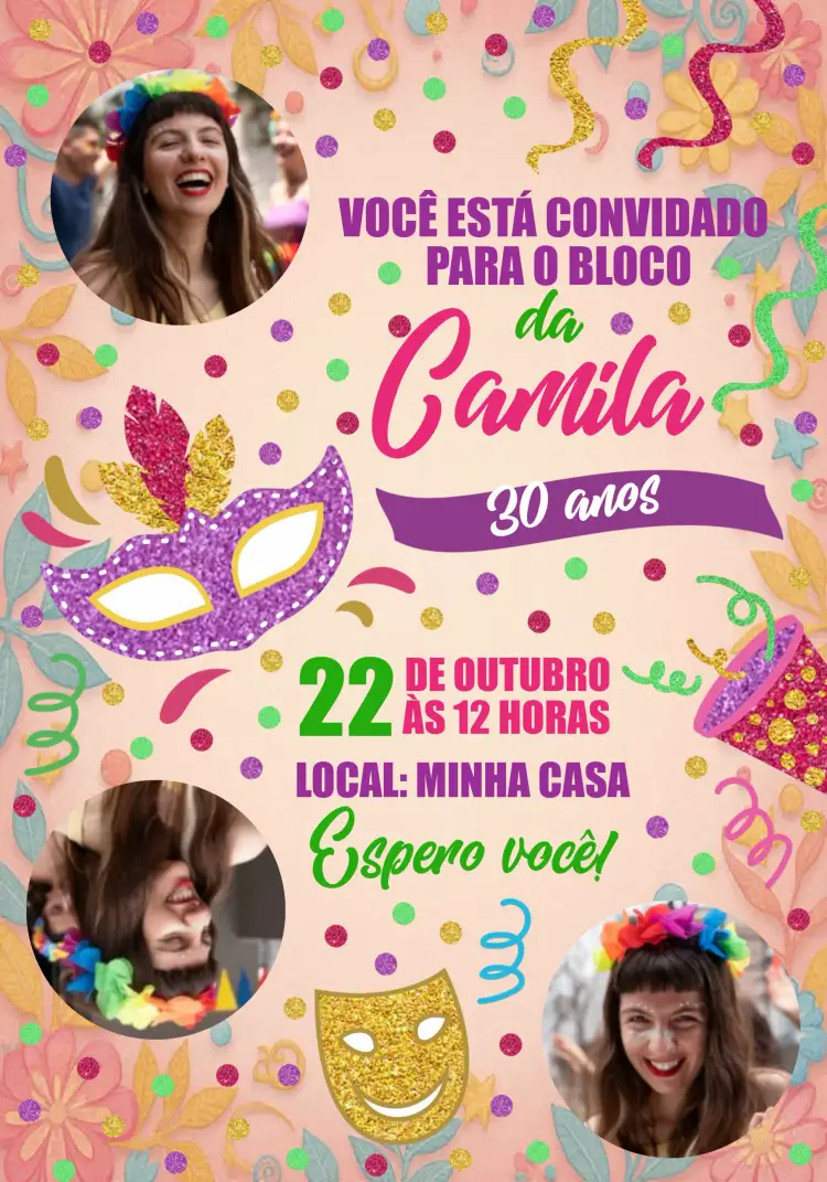 Convite Carnaval Com Fotos Máscara – tema Datas Comemorativas colorido, festivo, alegre, vibrante, temático, divertido