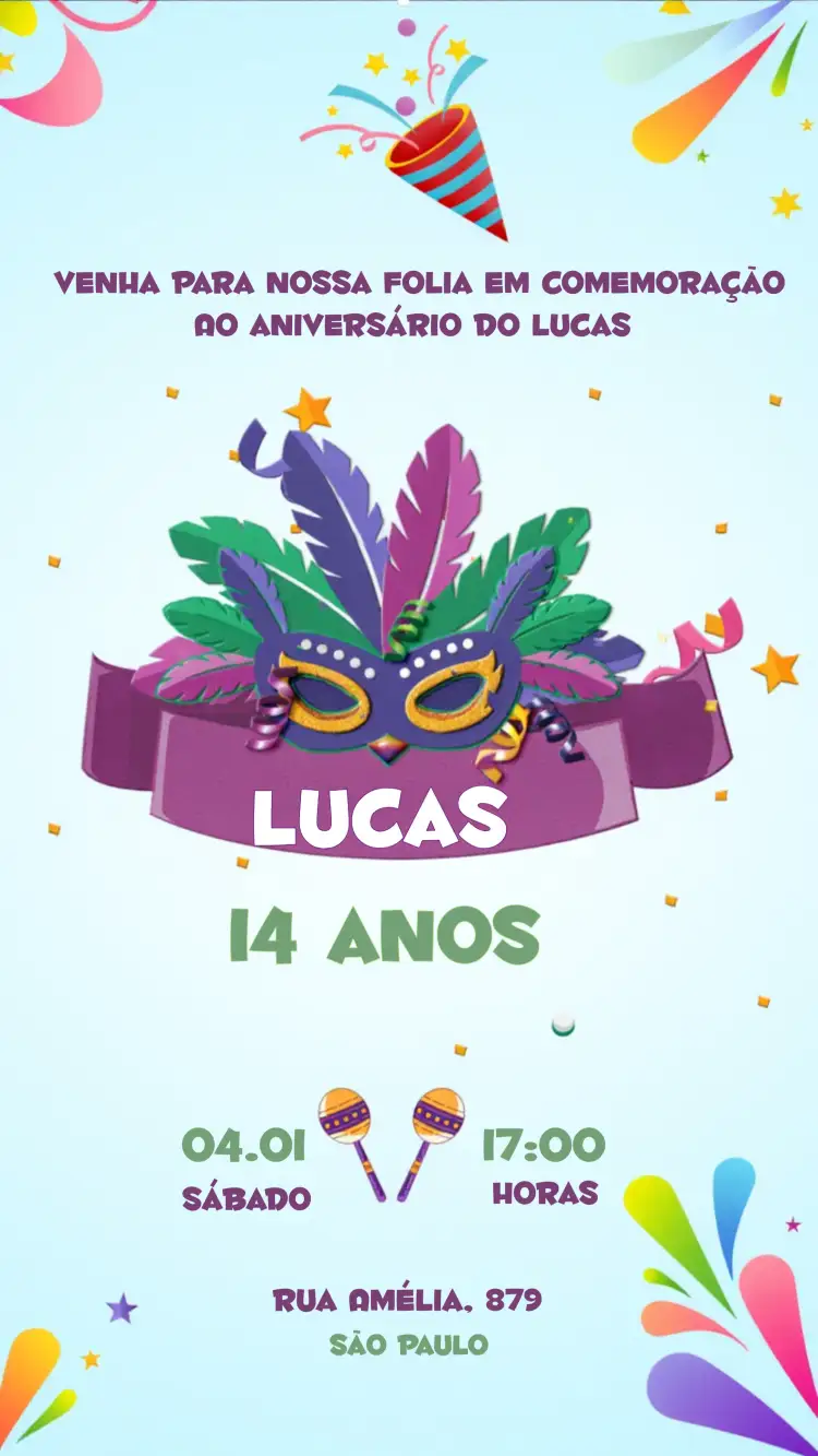 Convite Carnaval Divertido – tema Datas Comemorativas colorido, divertido, folclórico, brincalhão, festivo, vibrante