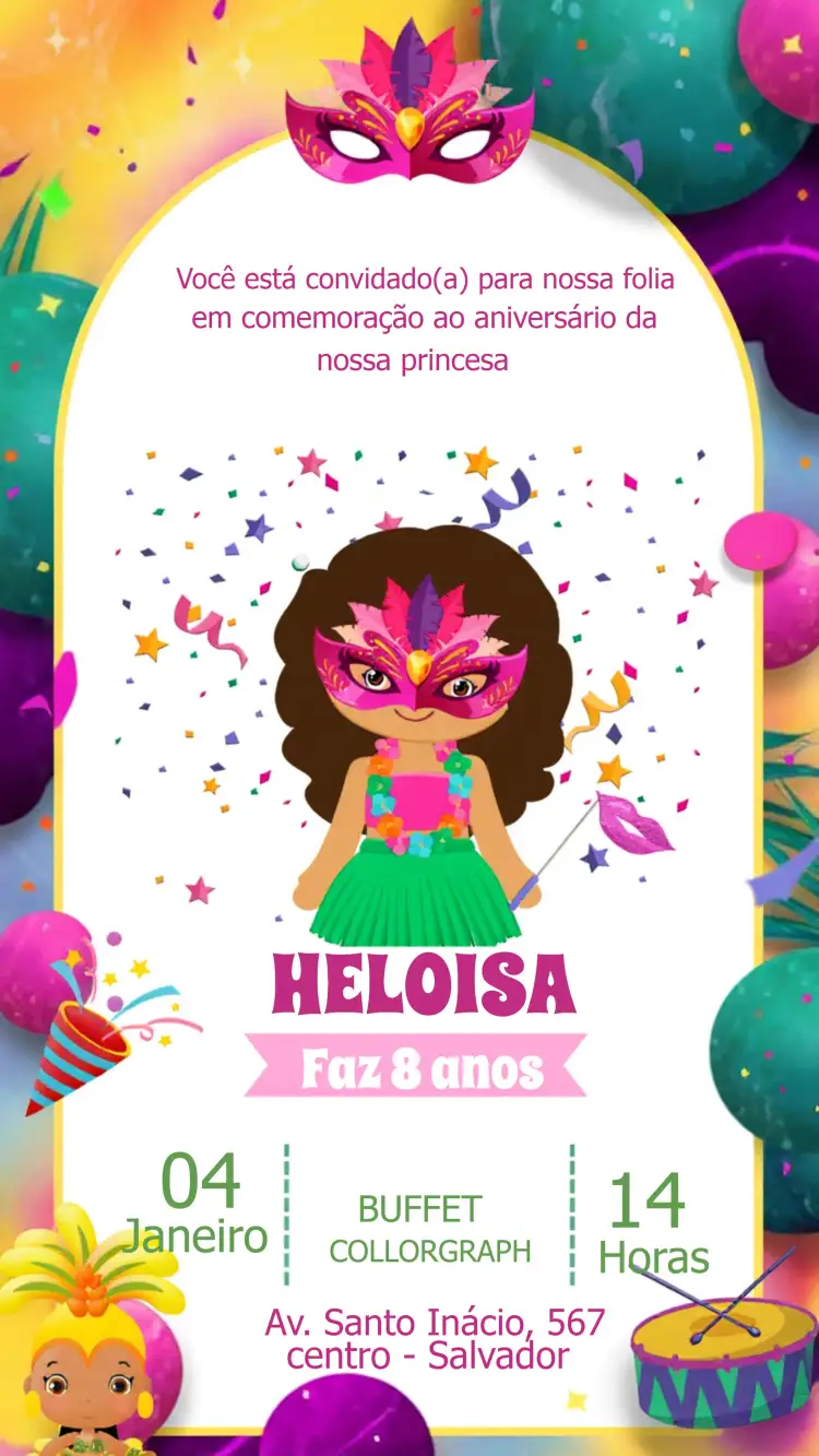 Convite Carnaval Festa – tema Datas Comemorativas colorido, divertido, folclórico, animação, tropical