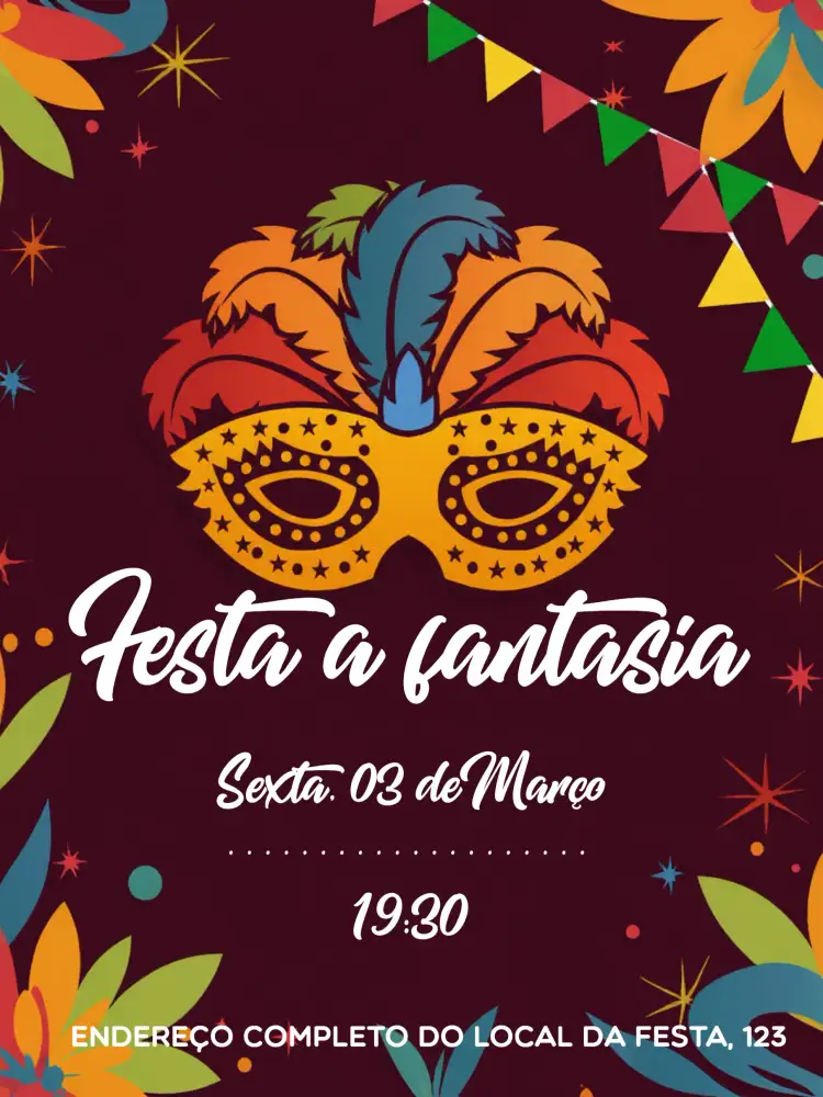 Convite Carnaval Festa – tema Datas Comemorativas colorido, festivo, vibrante, tropical, mascarado