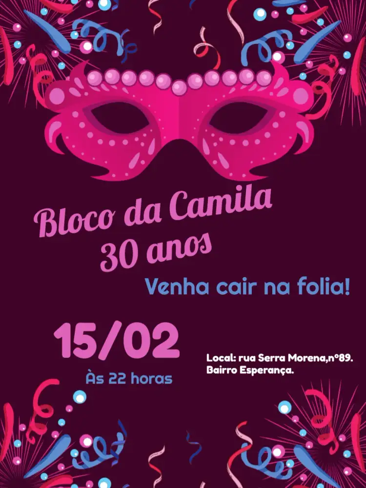 Convite Carnaval Folia – tema Datas Comemorativas cores vibrantes, estilo festivo, máscaras venezianas, elementos gráficos coloridos, design alegre, temática de carnaval
