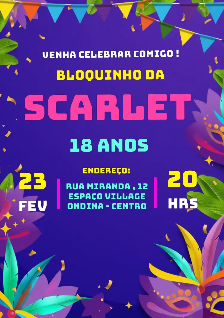 Convite Carnaval Folia – tema Datas Comemorativas colorido, festivo, brincalhão, tropical, vibrante, carnavalesco