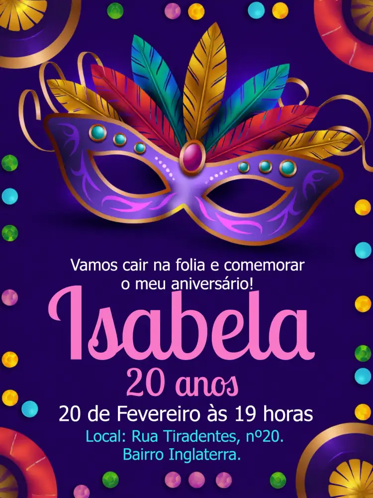 Convite Carnaval Laranja – tema Datas Comemorativas vibrante, colorido, divertido, festivo, moderno, carnavalesco
