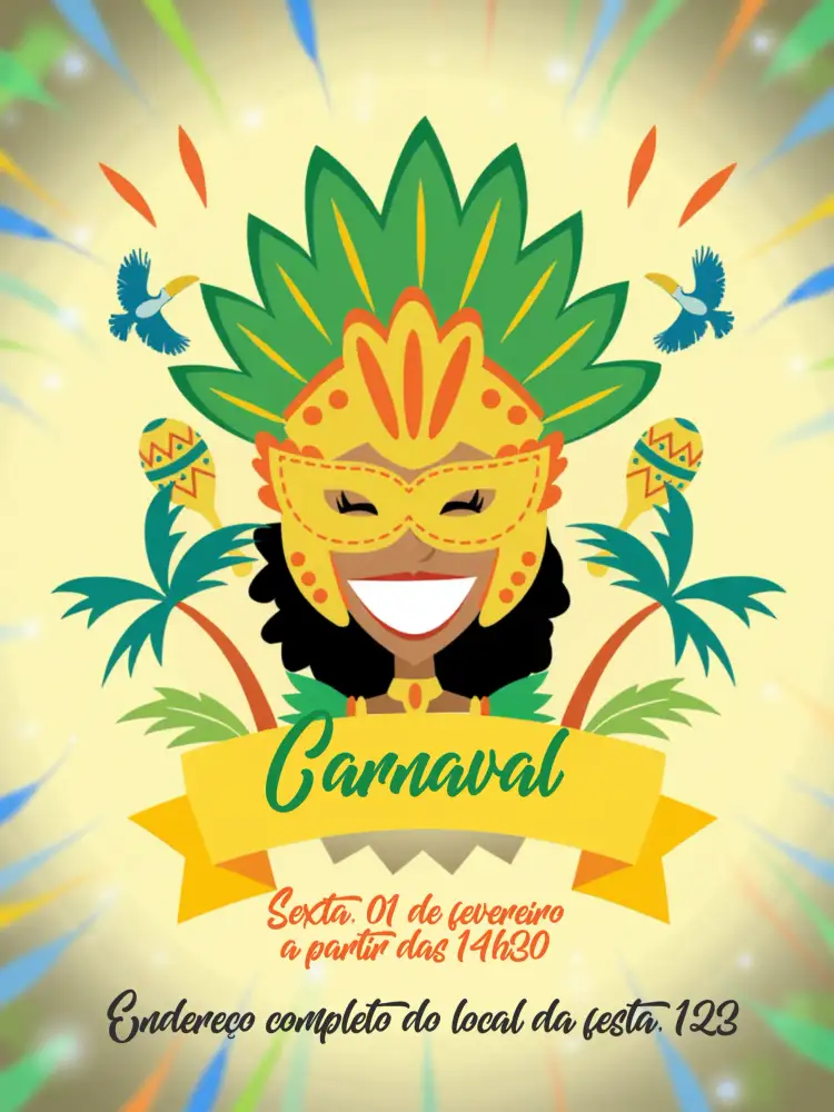 Convite Carnaval Laranja – tema Datas Comemorativas colorido, festivo, alegre, tropical, brilhante