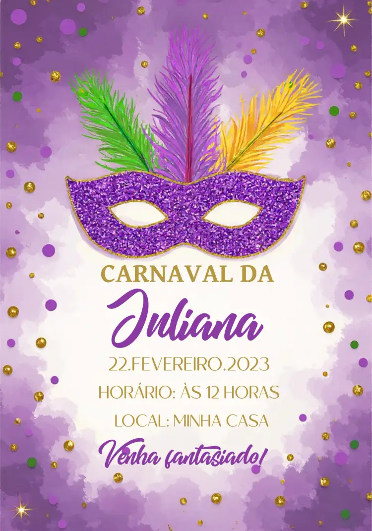 Convite Carnaval Máscara – tema Datas Comemorativas colorido, festivo, brilhante, mascarado, vibrante