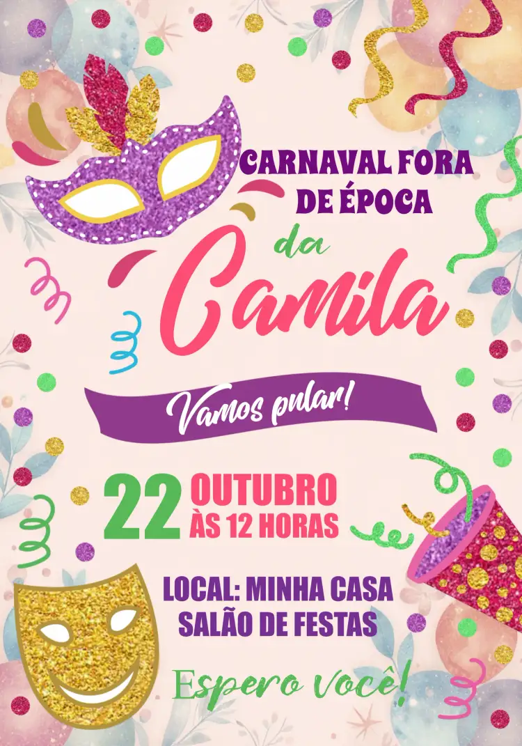 Convite Carnaval Máscara – tema Datas Comemorativas colorido, vibrante, divertido, festivo, tropical, carnavalesco