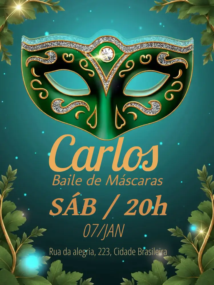 Convite Carnaval Máscara – tema Datas Comemorativas carnavalesco, dourado, elegante, colorido, moderno