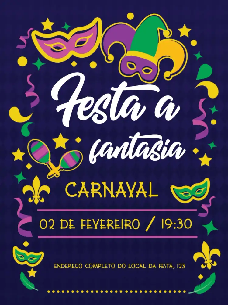 Convite Carnaval Máscaras – tema Datas Comemorativas colorido, vibrante, elegante, divertido, moderno, festivo