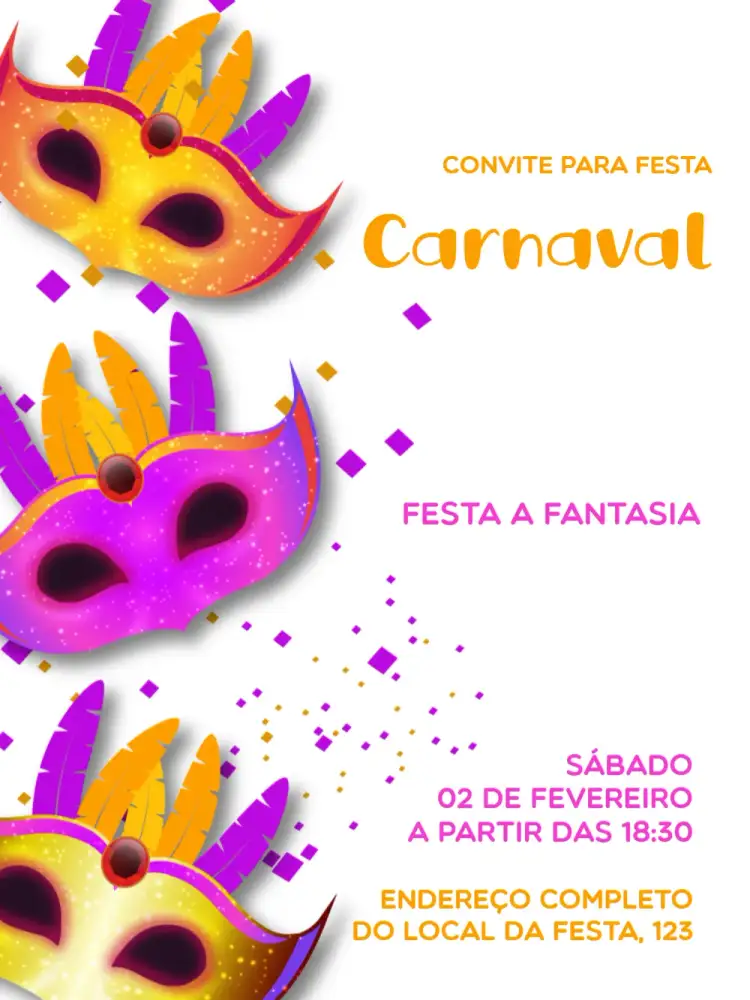 Convite Carnaval Máscaras – tema Datas Comemorativas máscaras coloridas, estilo festivo, elementos alegóricos, cores vibrantes, design contemporâneo, inspirado no carnaval